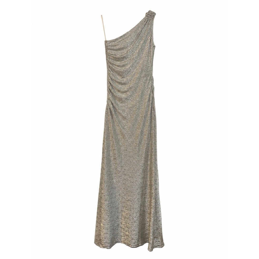 Caché Floor Length Shimmer Silver One Shoulder Evening Gown Size 2